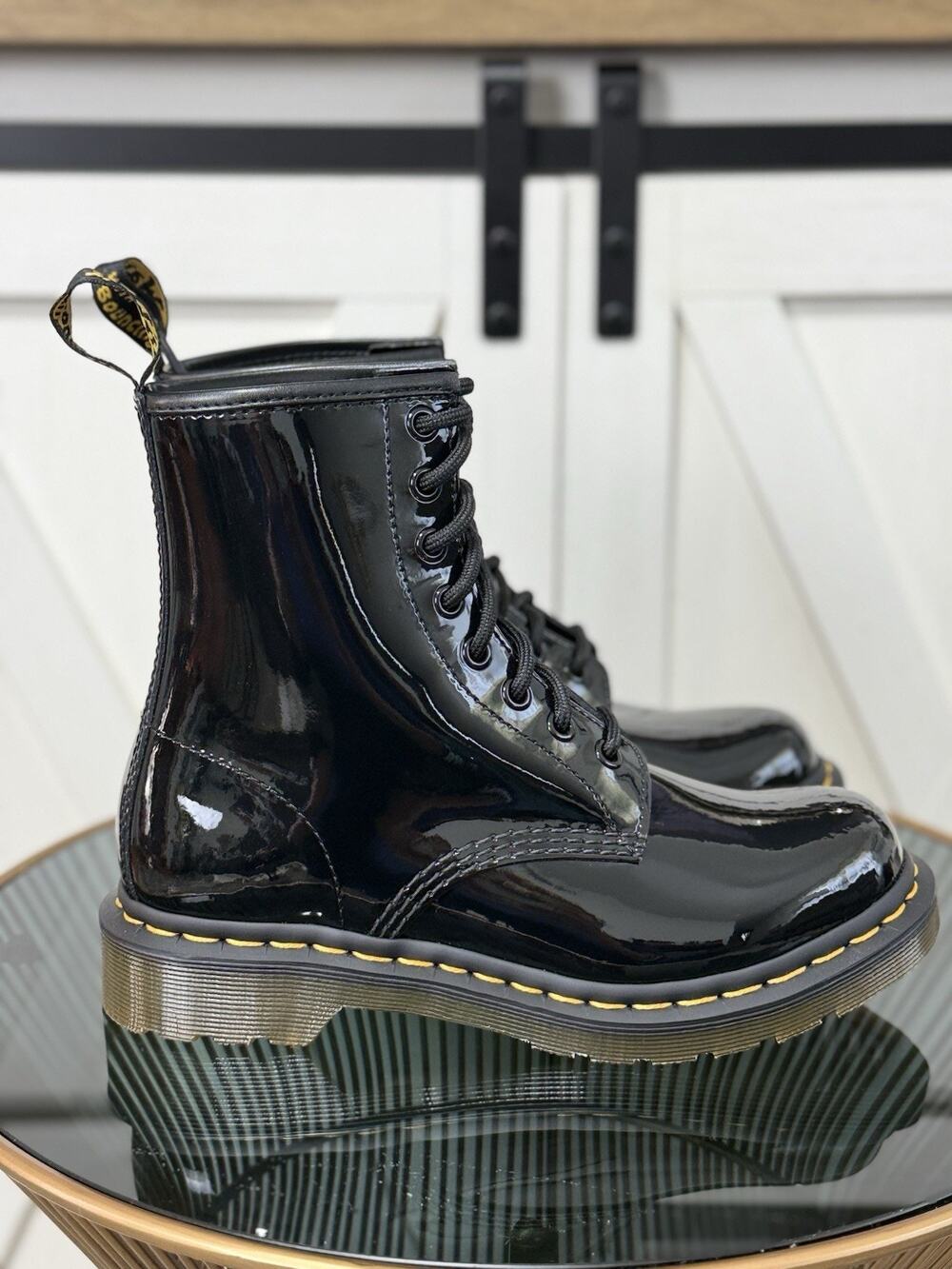 Dr. Martens Women Black Patent Leather Combat Lace Up Boots AirWair Size 6 NWOB